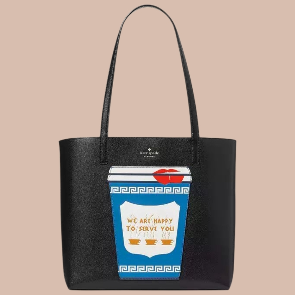 kate spade black leather tote with blue coffee cup graphic - Picture 2 of 6